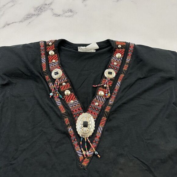 Joanie W Womens Vintage 90s County Western Tee Size M Black Red Beaded Medallion - Picture 2 of 12